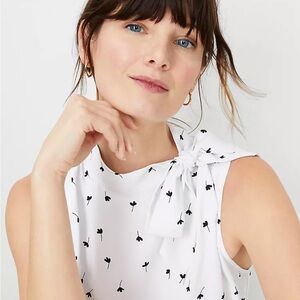 Ann Taylor White Sleeveless Astmmetrical Tie Neck Blouse